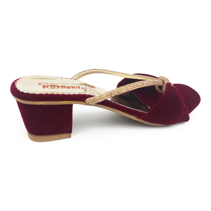 Maroon Embellished Straps Velvet Sandal